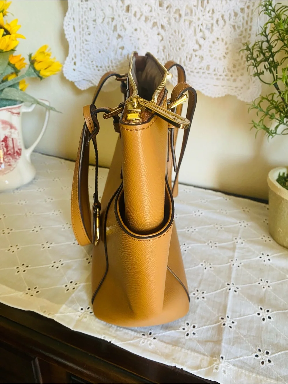 Michael Kors Caramel Leather Tote with MK Charm - Picture 4 of 10